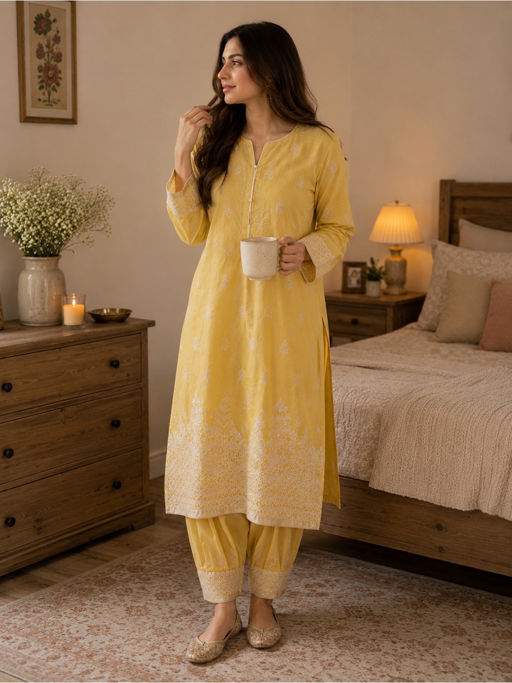 Women's Yellow Embroidered Cotton Kurta
